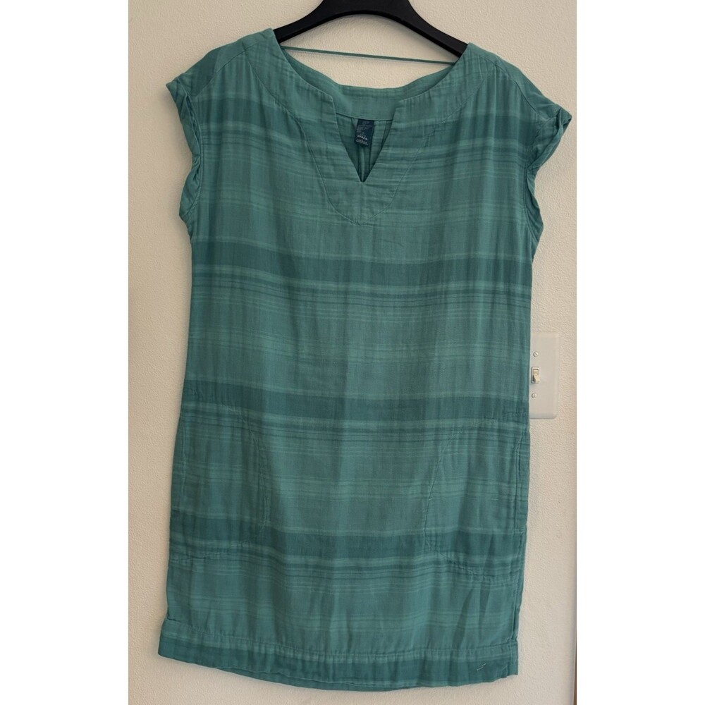 Prana Kai Deep Turquoise Stripe Shift Midi Dress Large Casual Organic Easy Wear